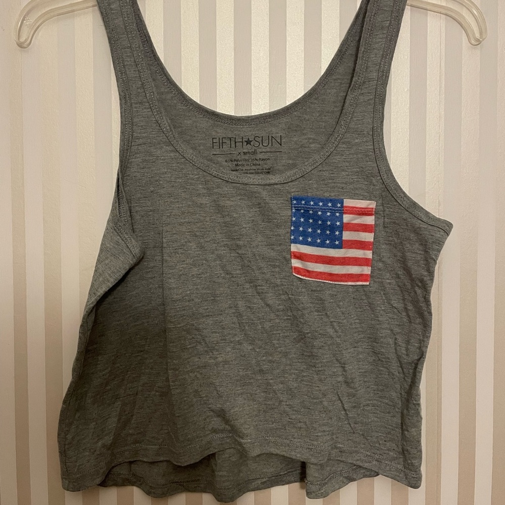 Fifth Sun Grey American Flag Cropped Tank Top